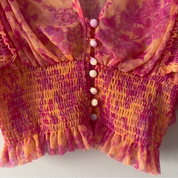 Free People Sugar Top in Hot Tropics Floral Pink Orange Top Fairycore Button NWT - Picture 6 of 12